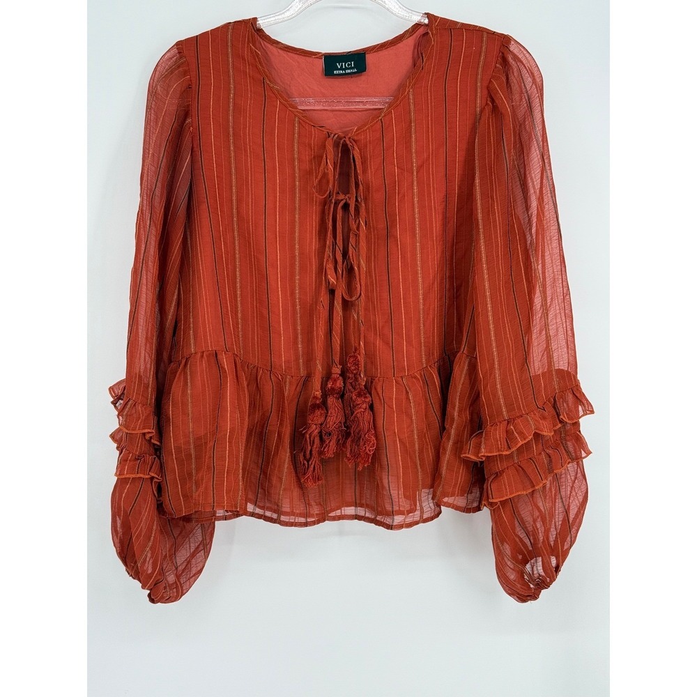 VICI Collection Womens Extra Small Orange Striped Tassel Tie Peplum Blouse